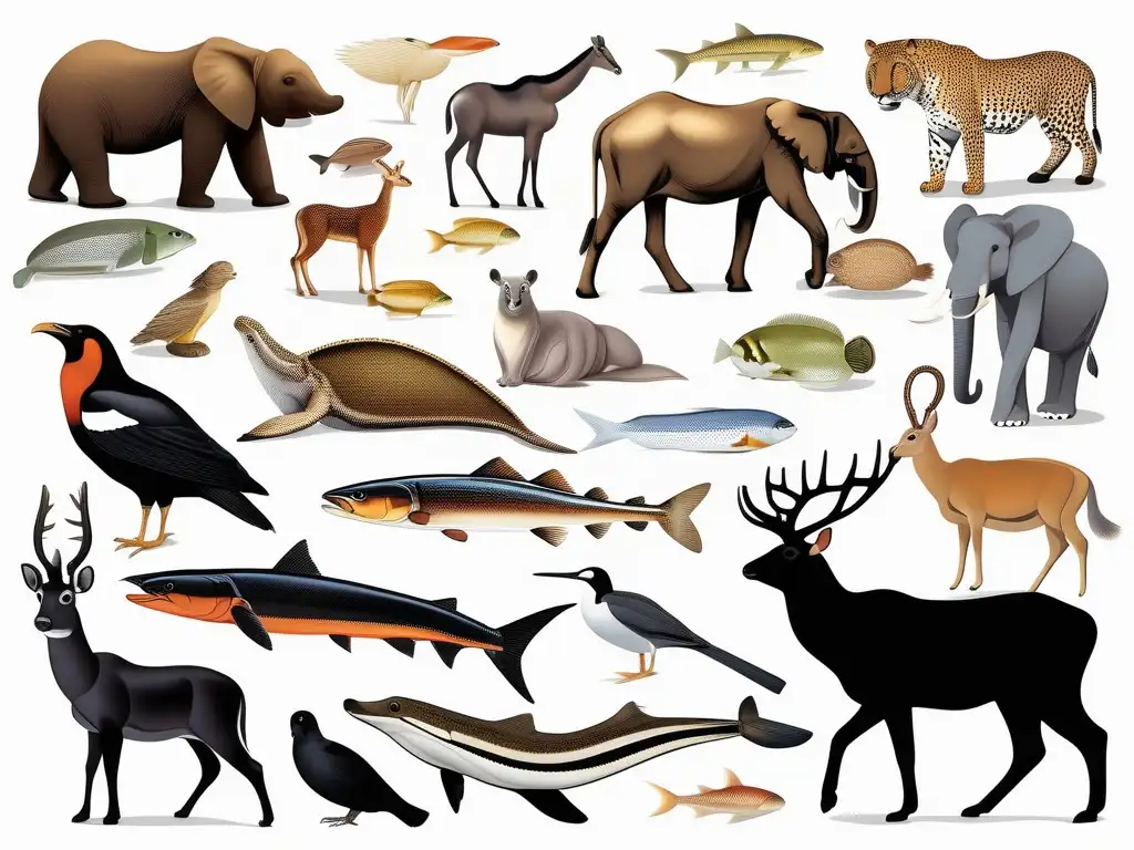 Diversidad de animales en estilo minimalista Imagen de animales diversos en estilo minimalista y realista, representa categorías de biología