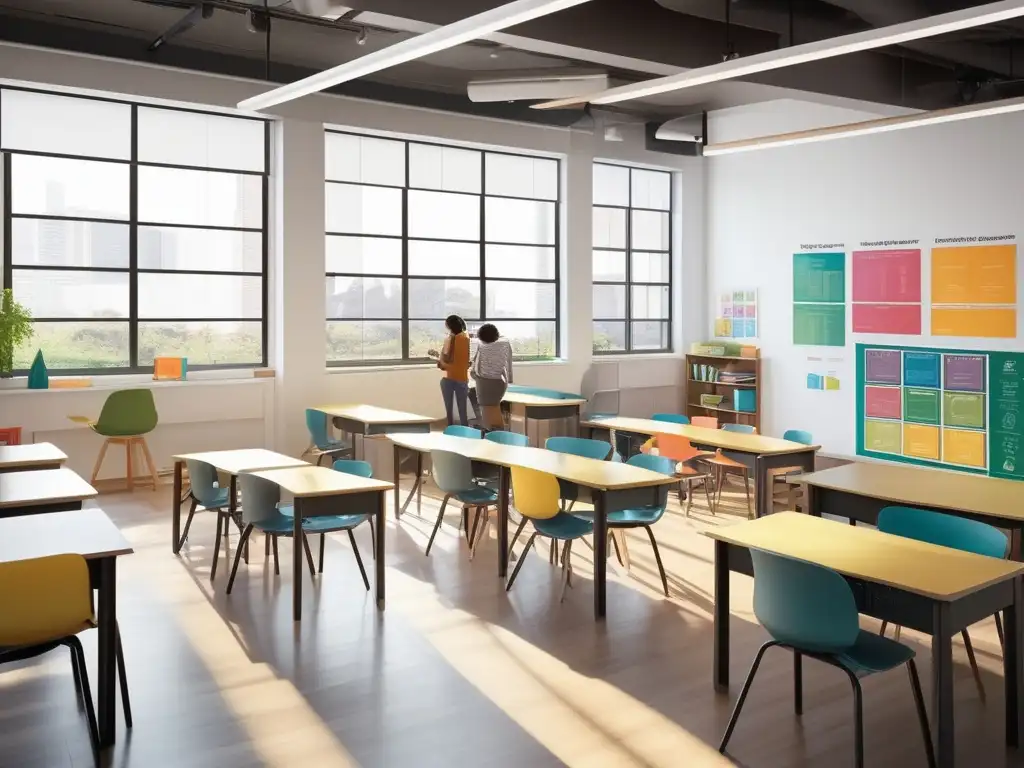 Aula moderna y colaborativa con estudiantes entusiasmados Aula minimalista con luz natural y estudiantes colaborativos aprendiendo - Técnicas enseñanza personalizadas homeschooling