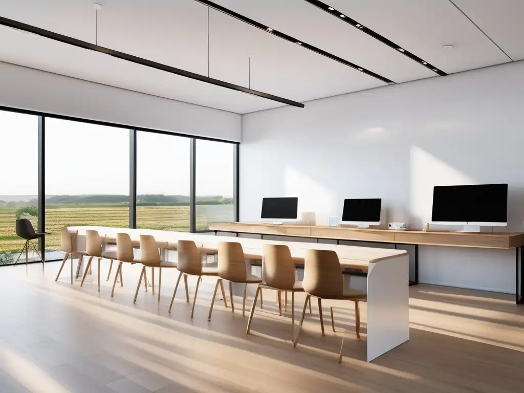 Recomendaciones seguridad online homeschooling: Aula virtual 8k detallada, serena y atractiva con diseño minimalista, luz natural y mobiliario ergonómico