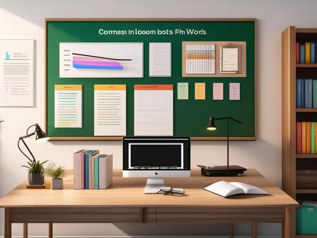 Aula minimalista con recursos bilingües Aula minimalista con escritorio, pizarra y recursos bilingües para homeschooling