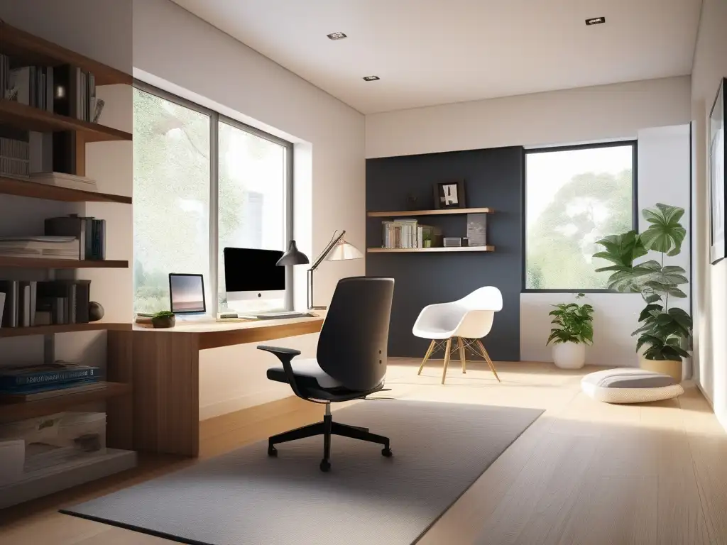 Hogar minimalista con aula virtual Beneficios de VR en educación en casa: aula minimalista con mobiliario moderno, luz natural, libros y VR