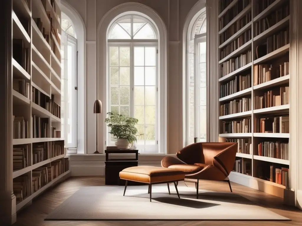 Biblioteca minimalista con libros clásicos Biblioteca minimalista con 'Fahrenheit 451' y ambiente de homeschooling