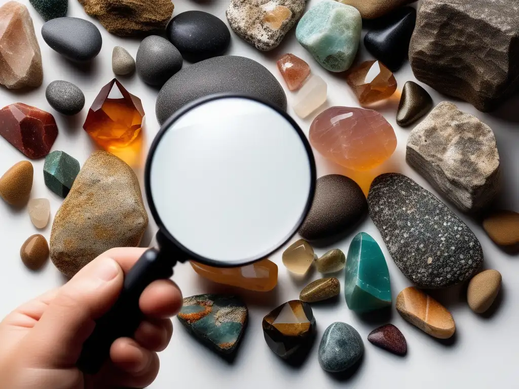 Mano sosteniendo lupa sobre rocas y minerales coloridos