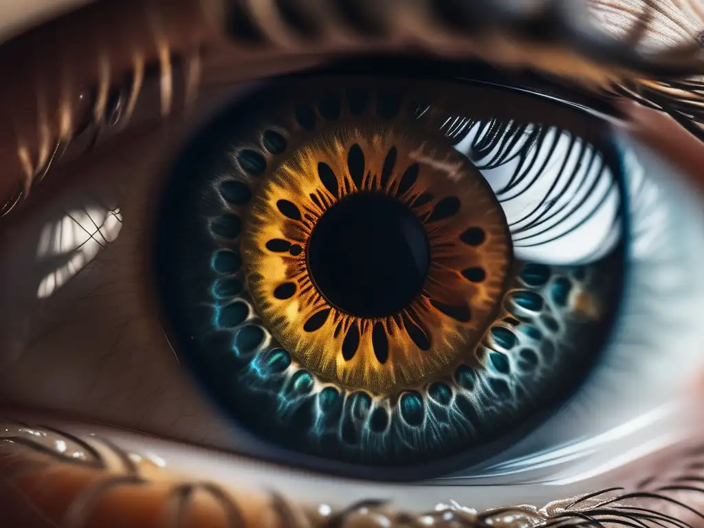 Maravilloso ojo humano en 8k Aprendiendo biología en casa: Detalle fascinante de un ojo humano en 8k, resaltando iris, pupila y anatomía
