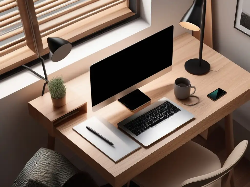 Acogedora oficina en casa para homeschooling Oficina en casa minimalista con luz natural y herramientas de organización para homeschooling eficiente