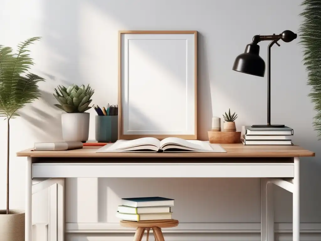 Escena minimalista de un escritorio educativo Escena minimalista y fotorealista, escritorio de madera simétrico, materiales educativos organizados, planta y luz suave