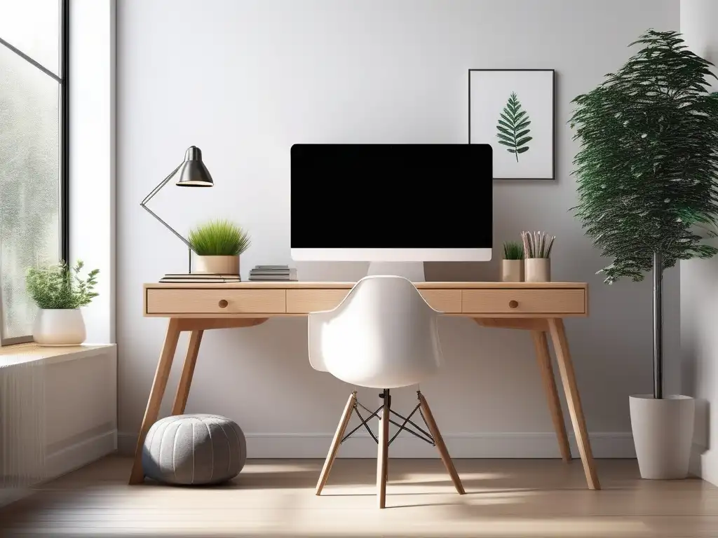 Espacio de estudio en casa sereno y minimalista Comoda aula en casa con escritorio de madera, laptop y aplicaciones educativas para homeschooling