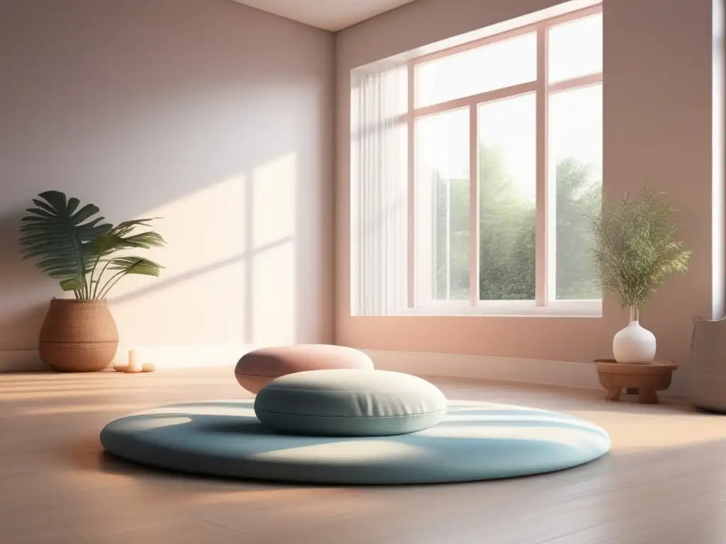 Espacio de meditación sereno y calmante Ilustración minimalista y fotorealista de un espacio interior tranquilo y sereno para la meditación