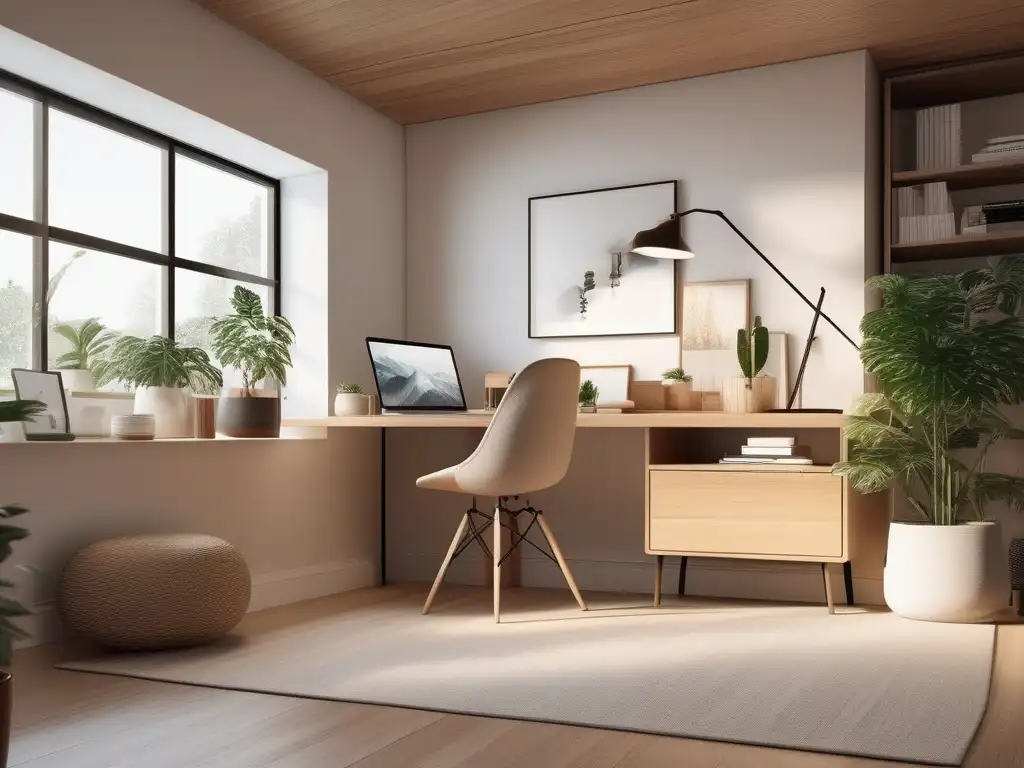 Espacio de trabajo minimalista y sereno Espacio de trabajo en casa: escritorio organizado y acogedor para equilibrar tareas domésticas y homeschooling
