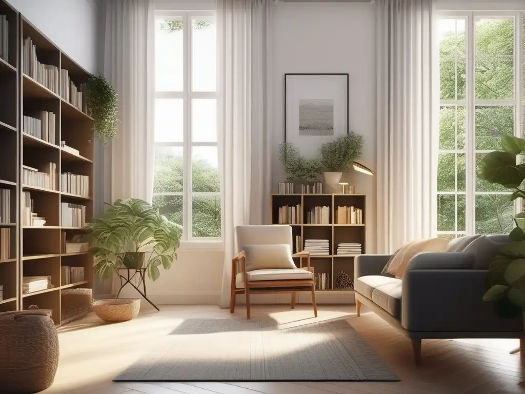 Espacio hogareño sereno con jardín Consejos para equilibrar tareas domésticas y homeschooling en un entorno sereno y minimalista