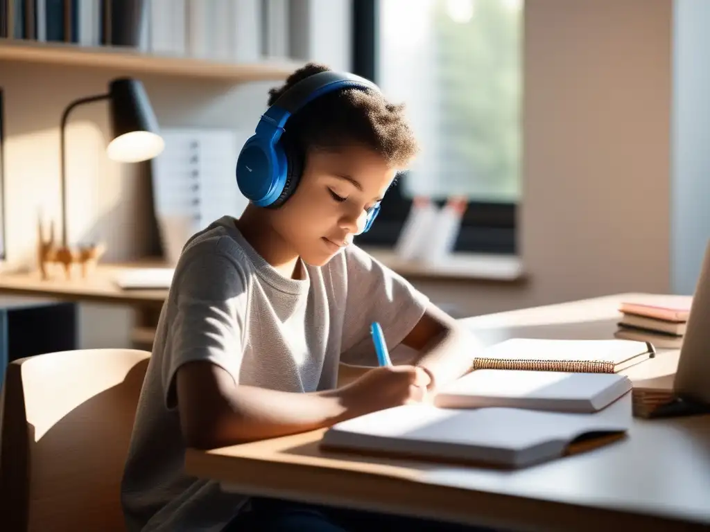 Estudiante concentrado en un aula minimalista Estudiante inmerso en estudio en hogar minimalista con técnicas enseñanza personalizadas homeschooling