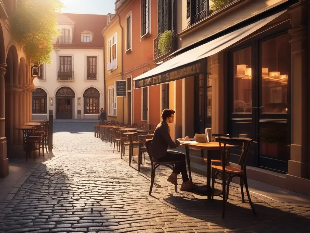 Estudiante concentrado en una cafetería al aire libre, representando los beneficios de los viajes educativos en homeschooling