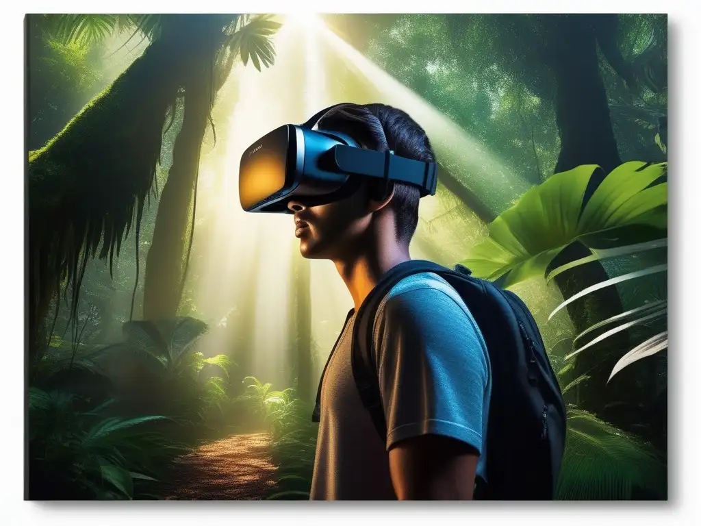 Estudiante inmerso en realidad virtual en la selva Beneficios de realidad virtual en educación en casa: estudiante inmerso en exuberante entorno virtual