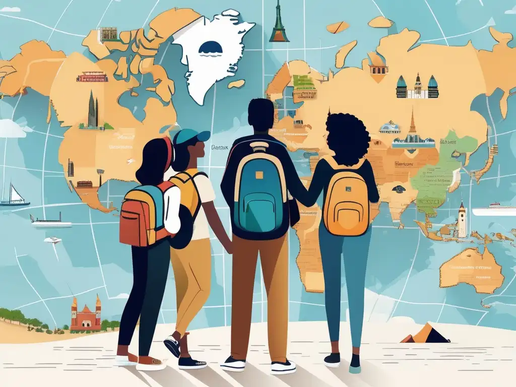 Estudiantes explorando el mundo Estudiantes diversos explorando el mundo con mochilas - Beneficios de los viajes educativos