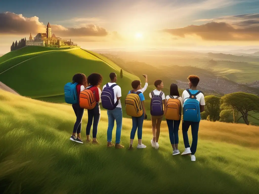 Estudiantes en paisaje, lista para viajar Estudiantes diversos en una colina verde, discutiendo y señalando maravillas del mundo, con mochilas coloridas