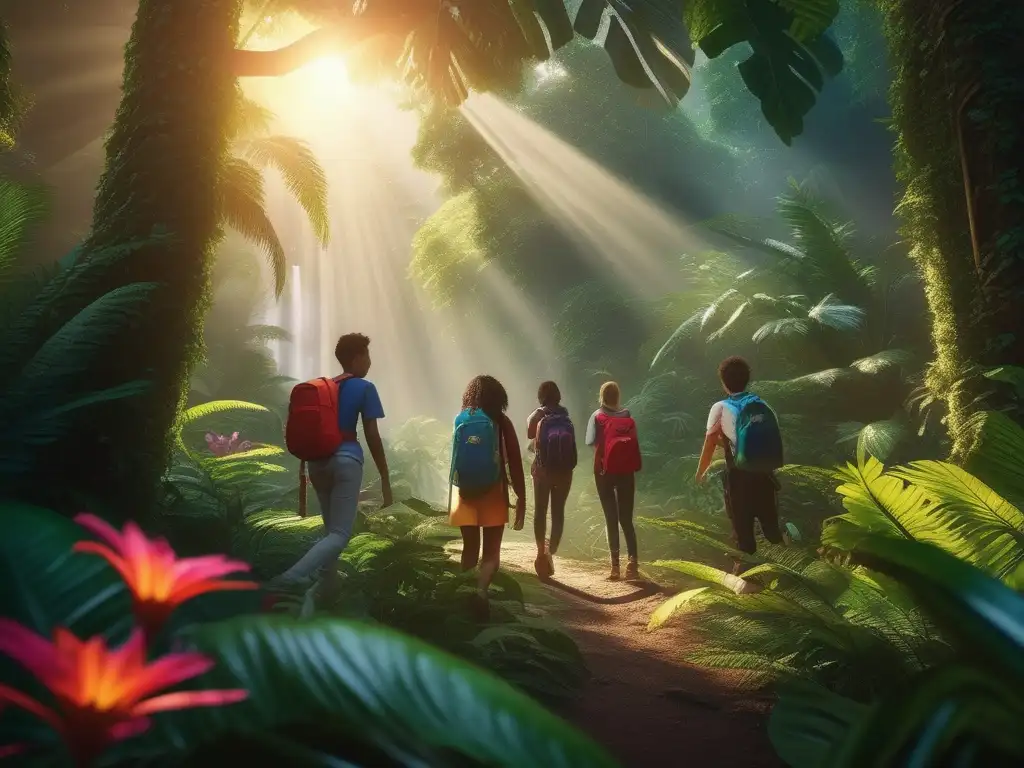 Estudiantes explorando una selva exuberante Estudiantes explorando la biodiversidad del bosque lluvioso, inspirando viajes educativos