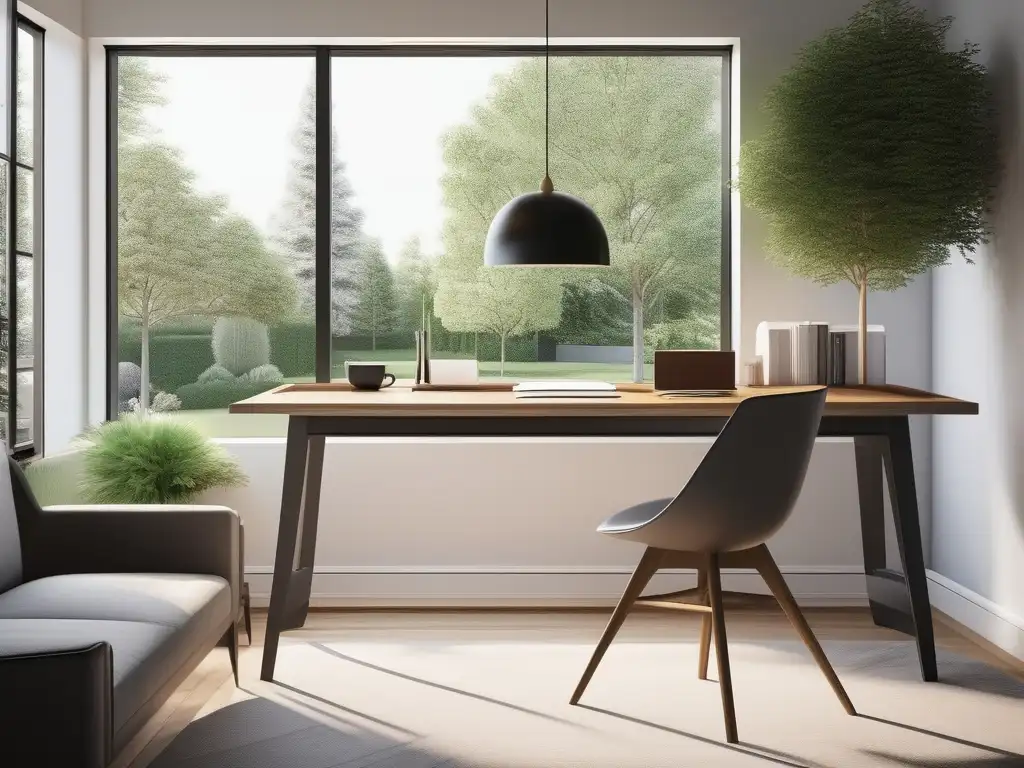Estudio en casa acogedor y luminoso Área de estudio acogedora con escritorio moderno, naturaleza y plataformas educativas online homeschooling
