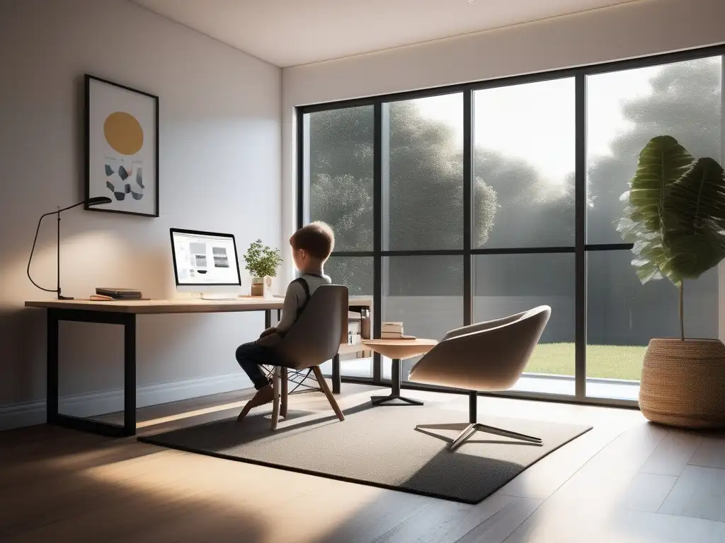 Estudio en casa seguro y minimalista Estudio luminoso y minimalista con monitor educativo - Riesgos de privacidad en homeschooling