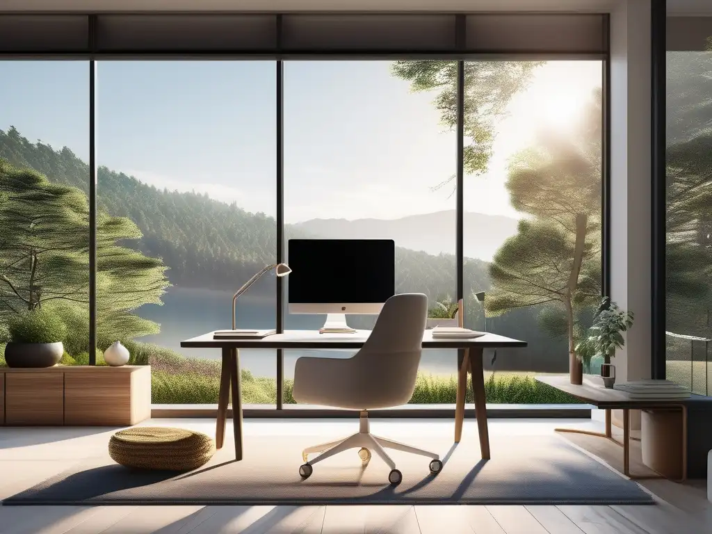 Espacio de estudio virtual sereno y productivo Estudio minimalista en casa con vista a la naturaleza y plataformas educativas online para homeschooling