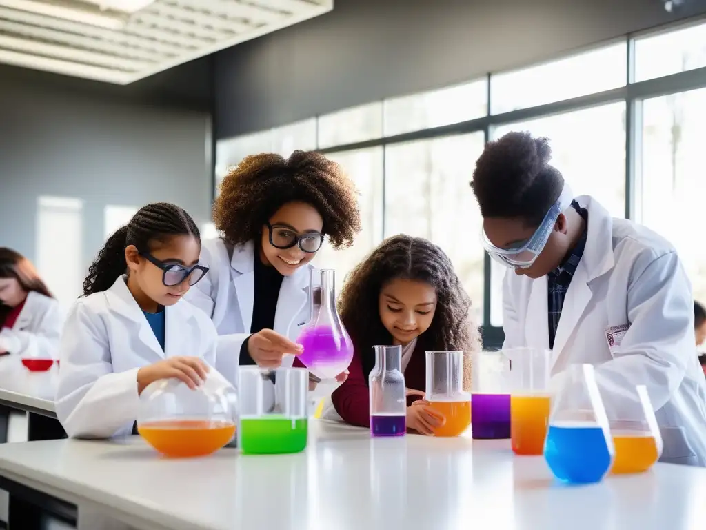 Estudiantes diverso en experimento de ciencias Estudiantes diversos realizan experimento de ciencias con técnicas enseñanza personalizadas homeschooling