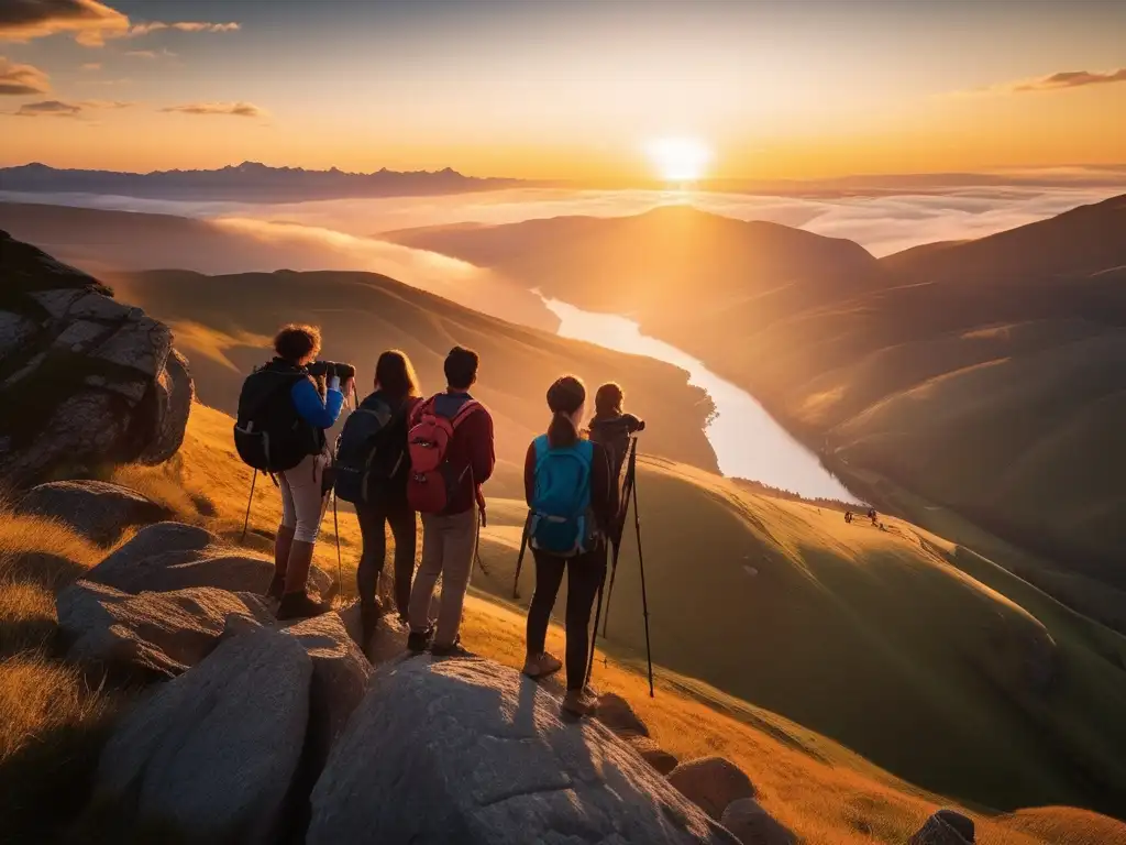 Estudiantes aventureros en un paisaje impresionante Beneficios de los viajes educativos: Estudiantes en un paisaje impresionante con mochilas, binoculares y el sol poniéndose