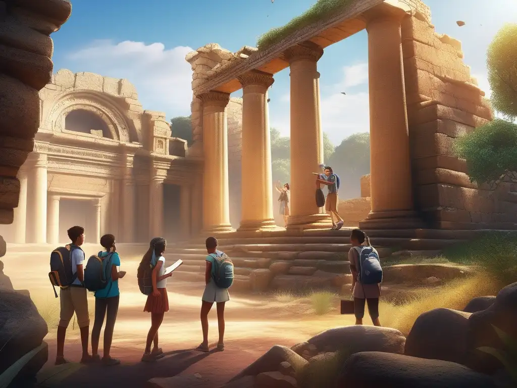 Estudiantes de homeschooling explorando ruinas antiguas Estudiantes de homeschooling explorando ruinas de una ciudad antigua