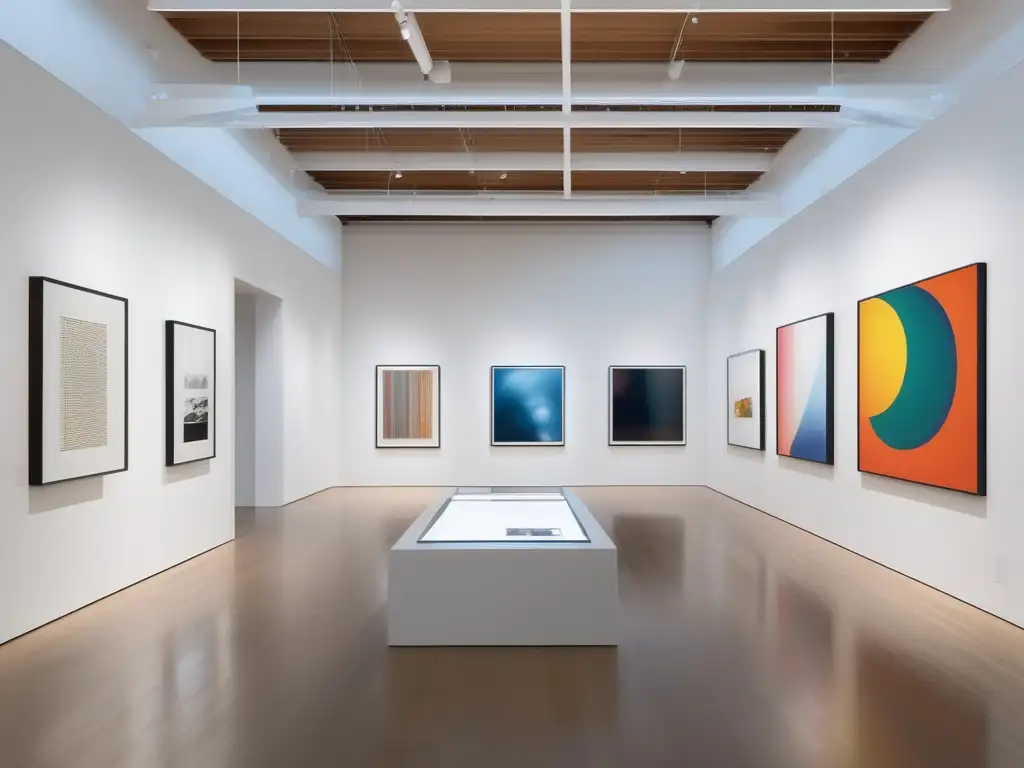Espacio de galería minimalista y luminoso Técnicas de enseñanza STEAM con arte: Galería minimalista con obras diversas que integran ciencia, tecnología, ingeniería y matemáticas