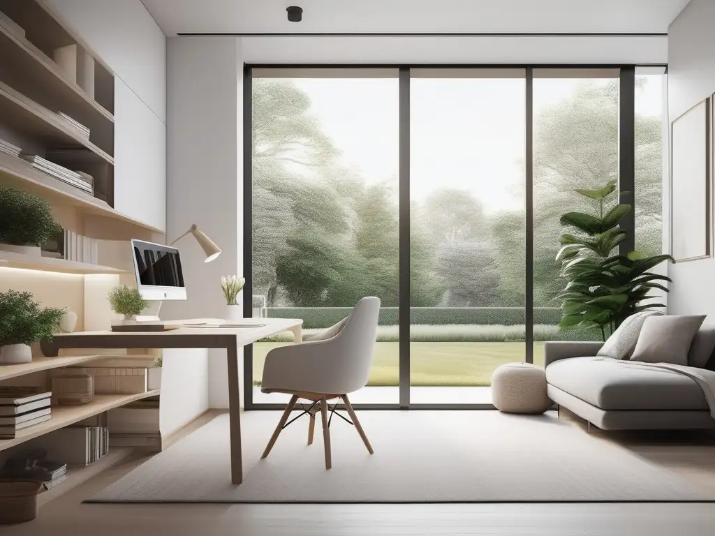 Aula de hogar minimalista y luminoso Estrategias adaptativas de enseñanza en homeschooling en un hermoso aula minimalista con luz natural y vistas al jardín