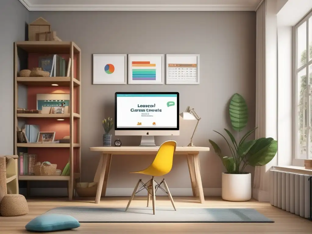 Espacio de estudio en casa: escritorio, laptop y juegos educativos Espacio de homeschooling con gamificación y motivación