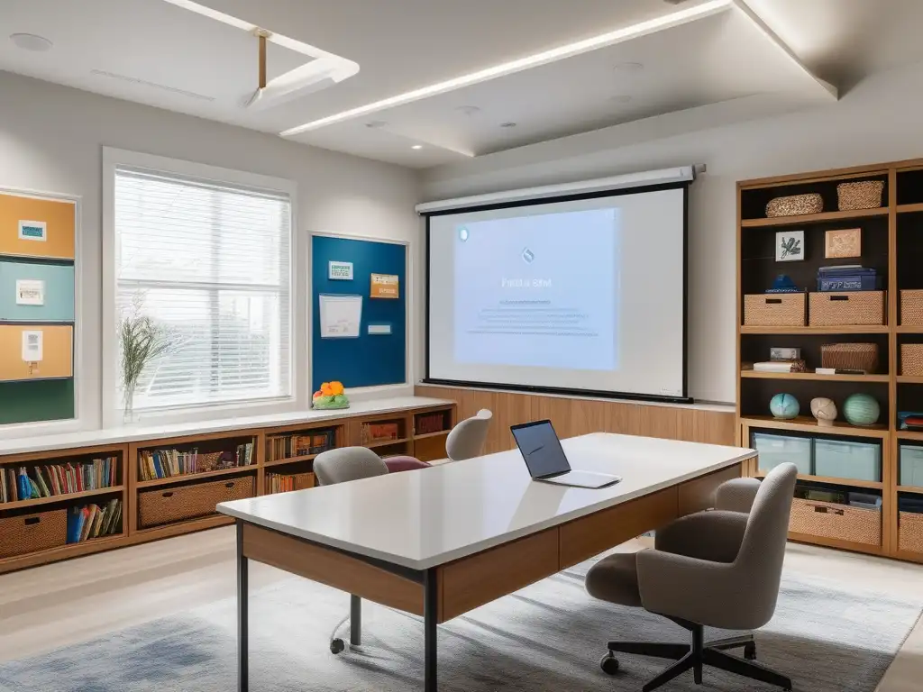 Técnicas adaptativas para homeschooling- Ambiente de aprendizaje en casa moderno y sereno, con tecnología, creatividad y luz natural