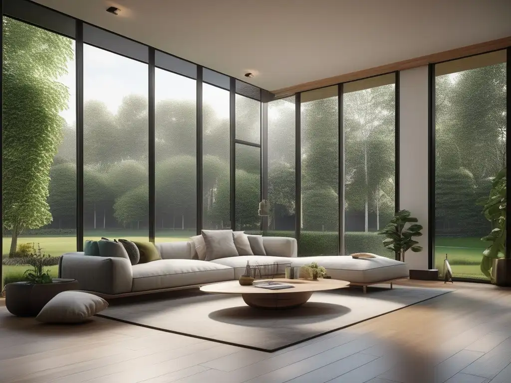 Espacio de aprendizaje en casa con realidad virtual Beneficios VR en educación en casa: Espaciosa y serena sala de estudio en 8k con ventana panorámica y ambiente minimalista