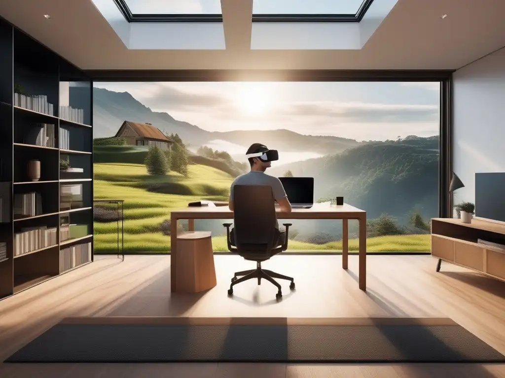 Hogar minimalista con realidad virtual Tendencias elearning homeschooling futuro: Hogar minimalista con ventana panorámica, estudiante inmerso en aula virtual con realidad virtual
