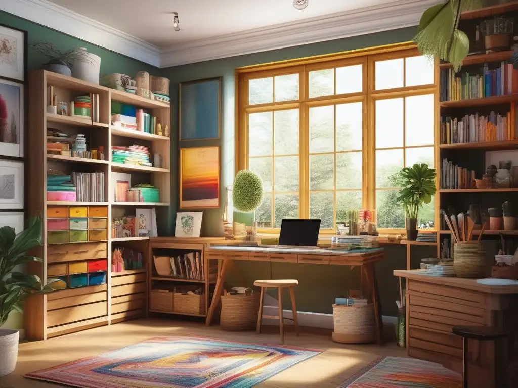 Espacioso salón de educación en casa con materiales y arte en progreso Suministros de arte para la educación en casa: homeschooling con inspiración y creatividad