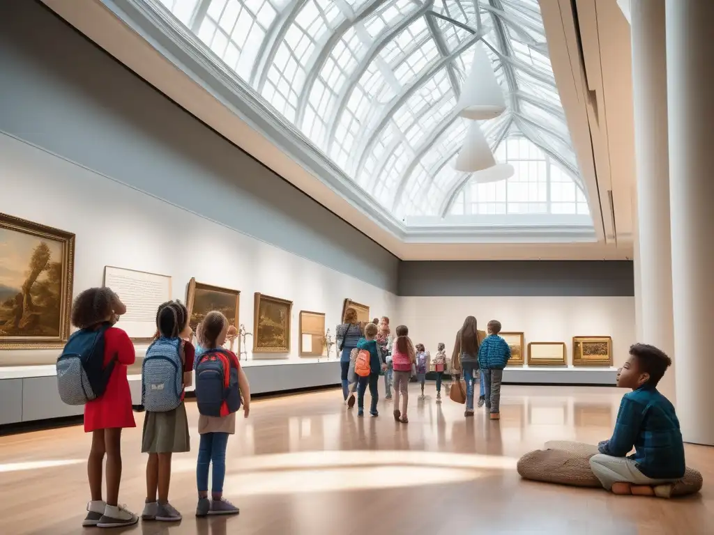 Beneficios de viajes educativos en homeschooling: niños visitando un museo moderno, observando exposiciones y compartiendo descubrimientos
