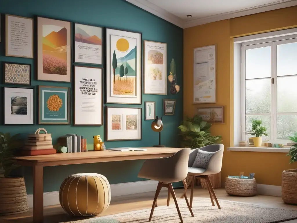 Espacio de estudio luminoso y acogedor Incorporación educación bilingüe en homeschooling: Imagen 8k detallada de ambiente acogedor e iluminado con recursos educativos y escritorio de madera
