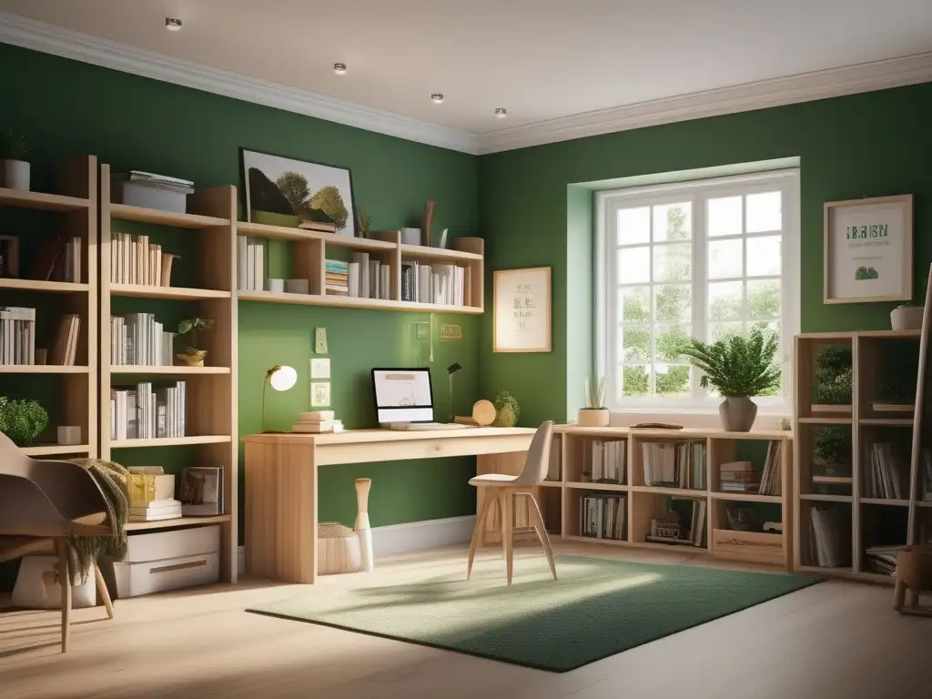 Aula en casa serena y minimalista Técnicas de enseñanza personalizadas en homeschooling: hogar sereno y minimalista con luz natural, libros organizados y escritorio con laptop