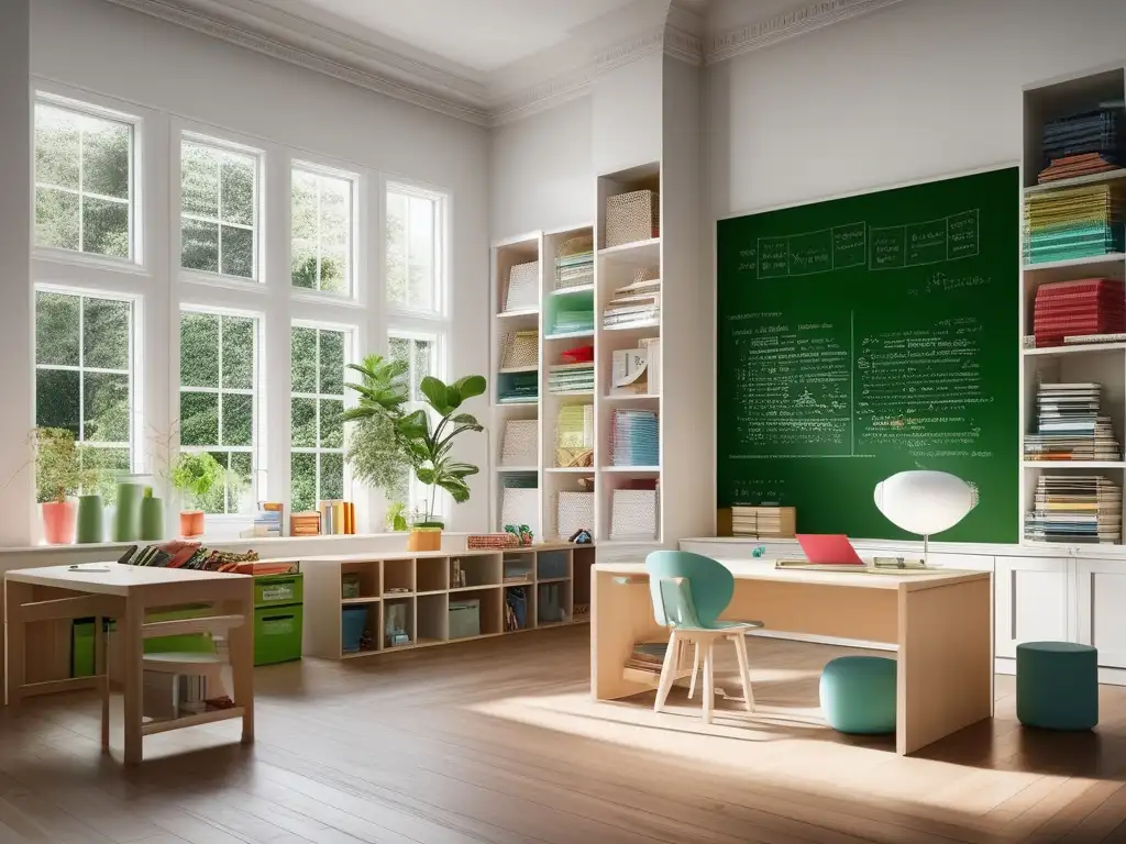 Espacio de aprendizaje en casa luminoso y organizado Un hogar luminoso y espacioso para el aprendizaje con una plataforma educativa online para homeschooling