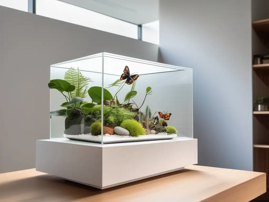 Habitación blanca con terrario de insectos coloridos Estudio de insectos en homeschooling: sala blanca minimalista con terrario de vidrio y coloridos insectos