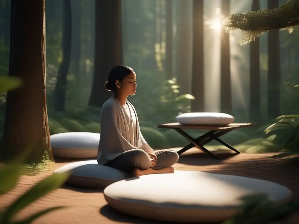 Niño meditando en un bosque soleado Beneficios de la meditación para niños en homeschooling, imagen de escena serena y minimalista con niño en meditación en el bosque