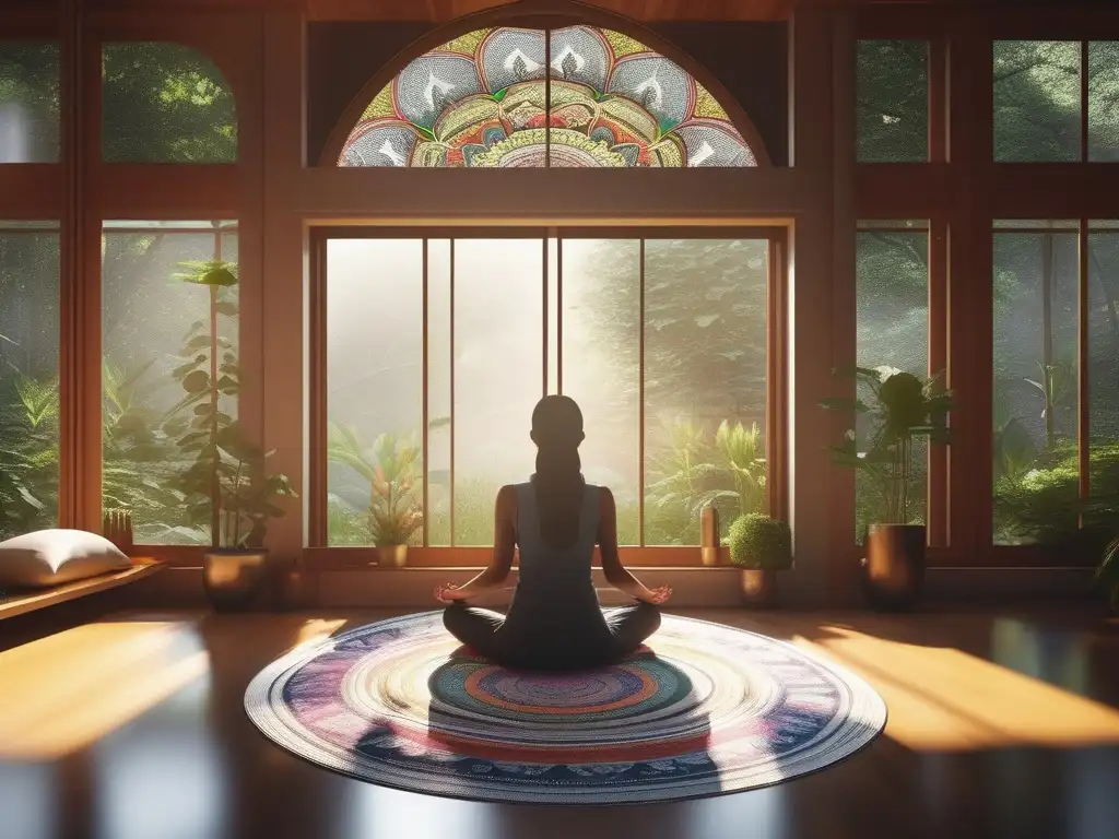 Espacio de meditación infantil Espacio interior sereno y minimalista para meditación infantil, con jardín, mandalas y niño en postura de meditación