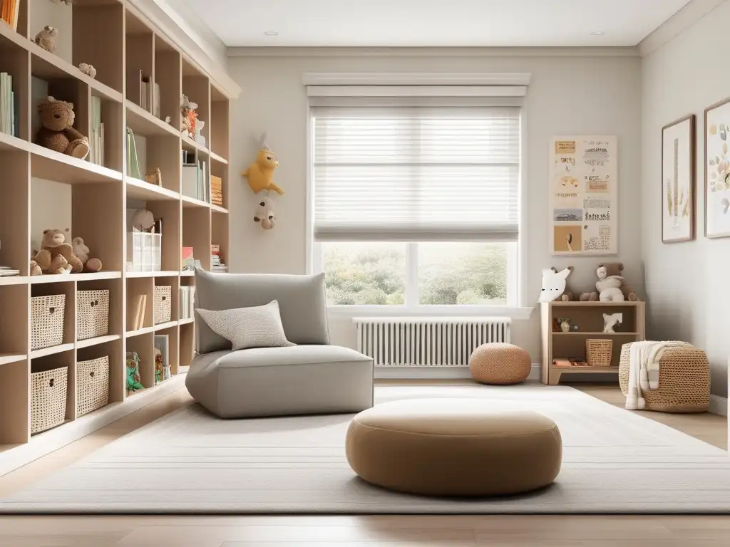 Habitación de juegos organizada y acogedora Playroom organizada y luminosa, con área de lectura acogedora, juguetes educativos y ambiente sin distracciones