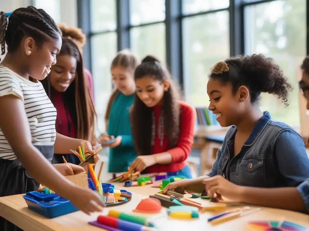 Estudiantes creativos explorando el arte en la educación STEAM Técnicas de enseñanza STEAM con arte en un aula moderna y vibrante