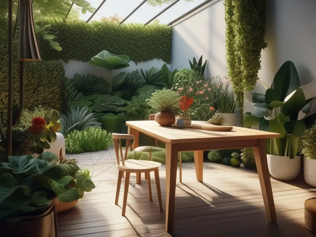 Hermoso jardín con mesa de madera y plantas Beneficios educativos hogar con plantas: Jardín sereno, plantas, herramientas, flores vibrantes, belleza natural