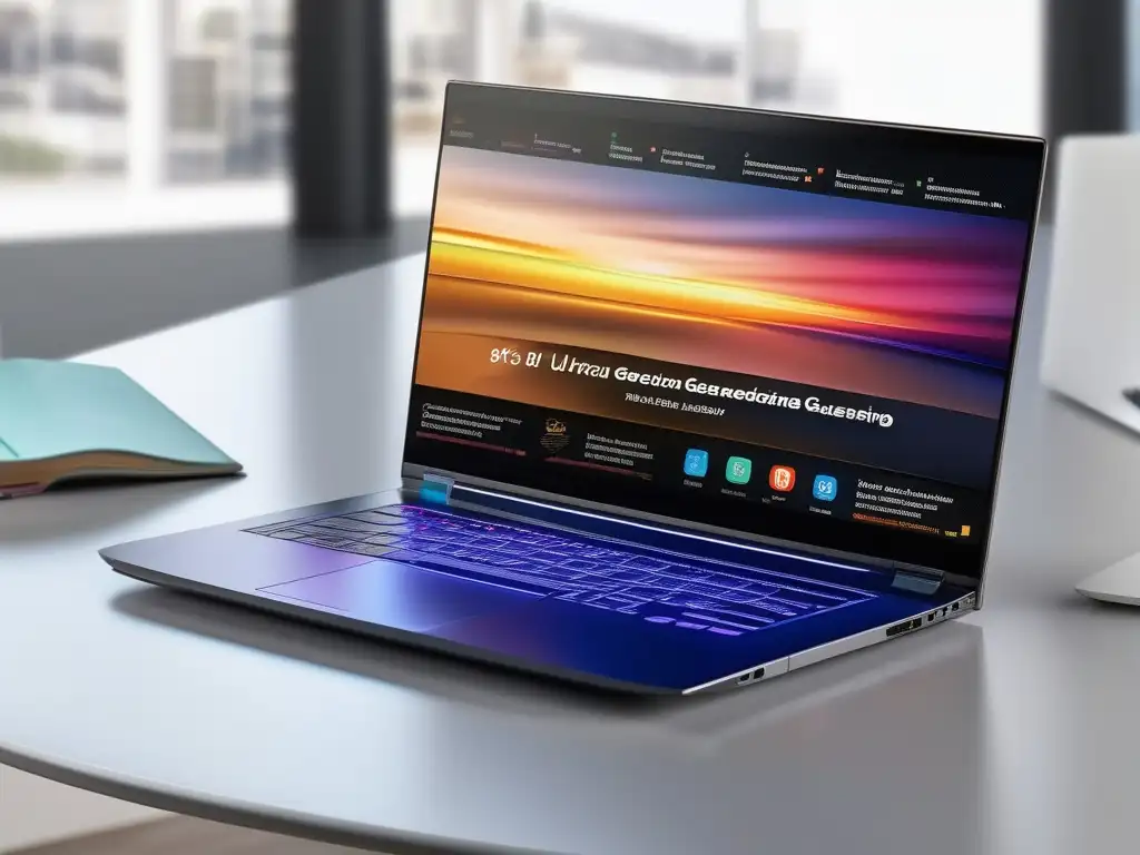 Aula virtual en una laptop Plataformas educativas online homeschooling: laptop en un escritorio blanco, pantalla muestra entorno de aprendizaje virtual