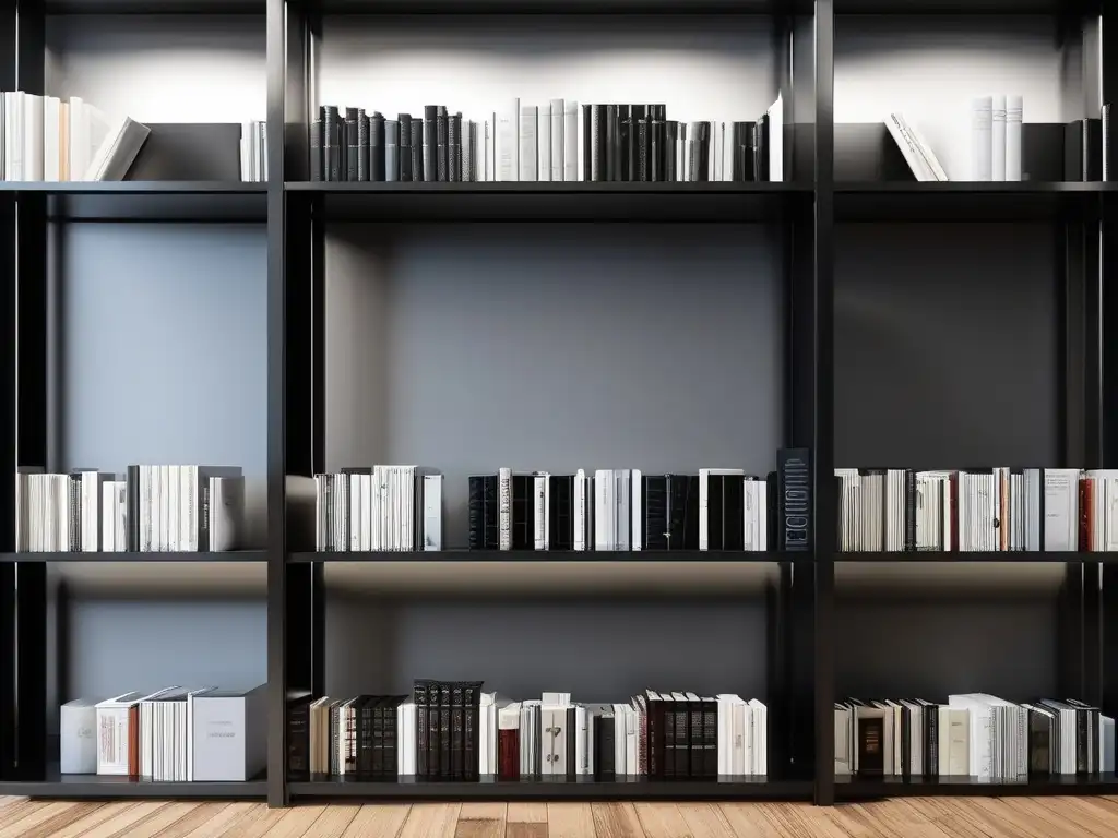 Librero minimalista con libros clásicos Librero minimalista de metal negro con libros clásicos como 'Fahrenheit 451', creando ambiente de conocimiento y censura
