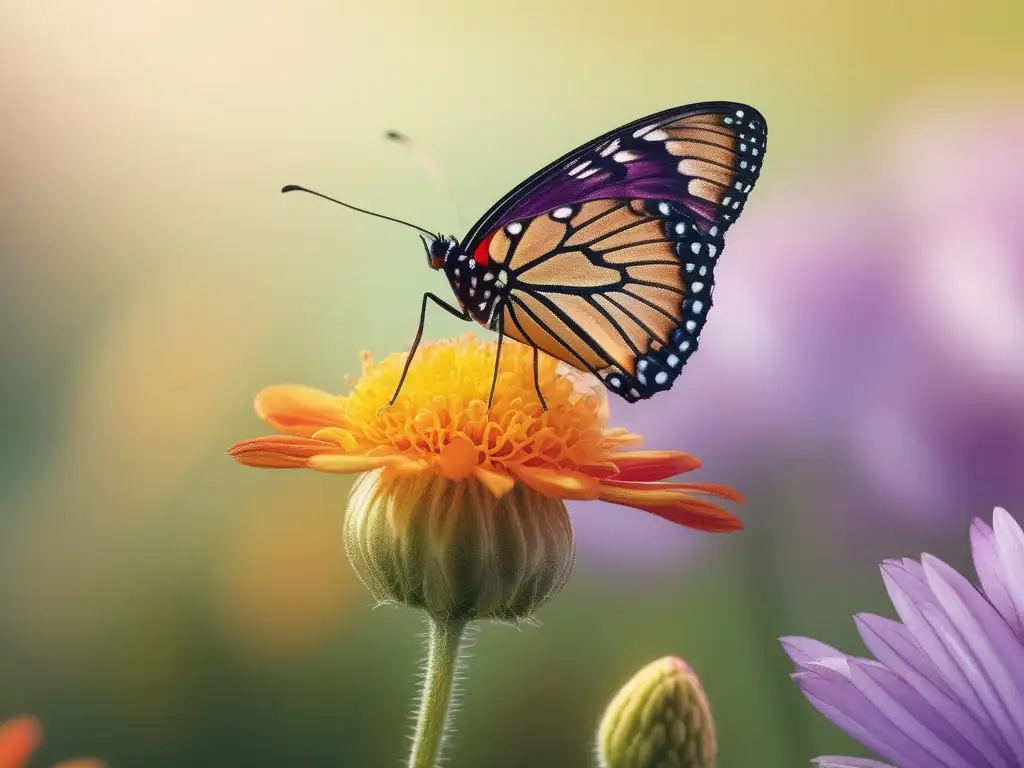 Mariposa vibrante en flor delicada Mariposa vibrante posada en una delicada flor, detalle realista