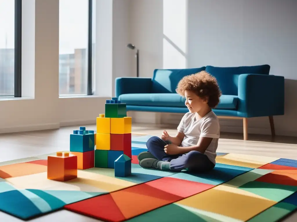 Niña construyendo torre con bloques coloridos Guía: Juego de niña con bloques crea ambiente estimulante