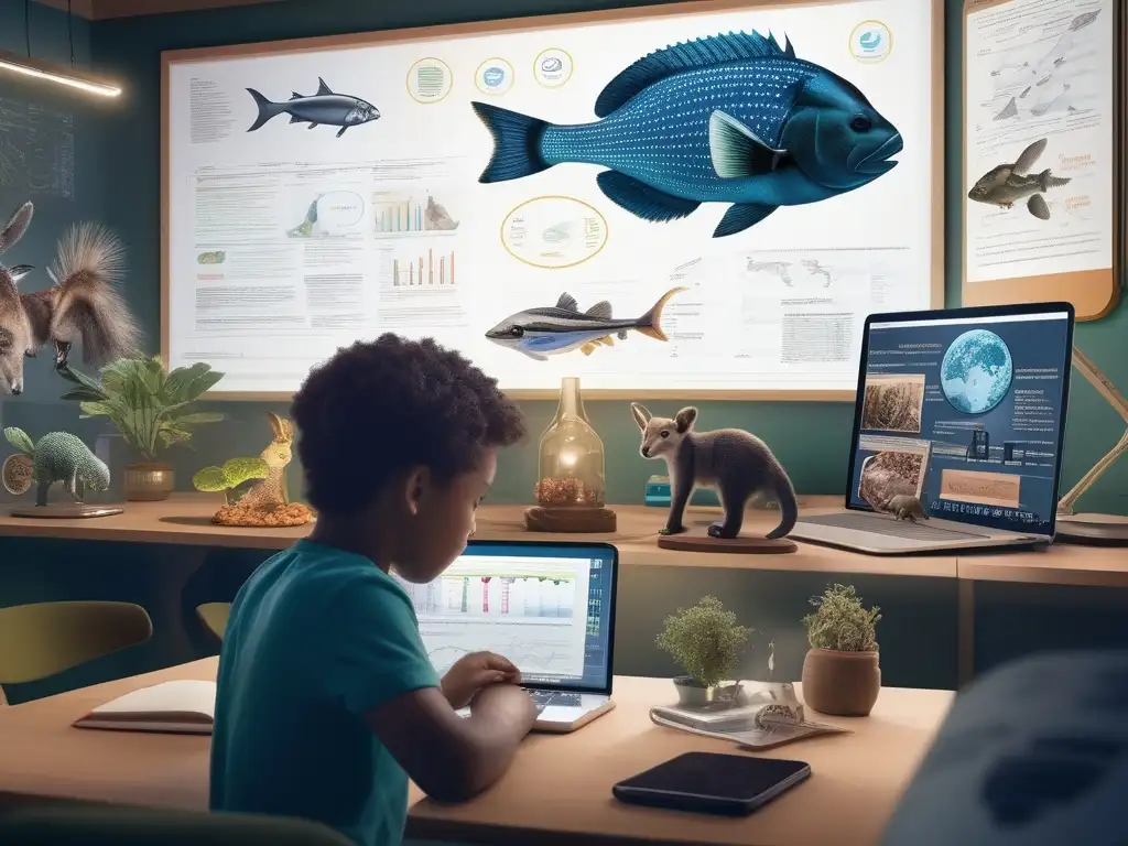 Niño cautivado por lección de biología Niño disfrutando aprendizaje de biología en homeschooling