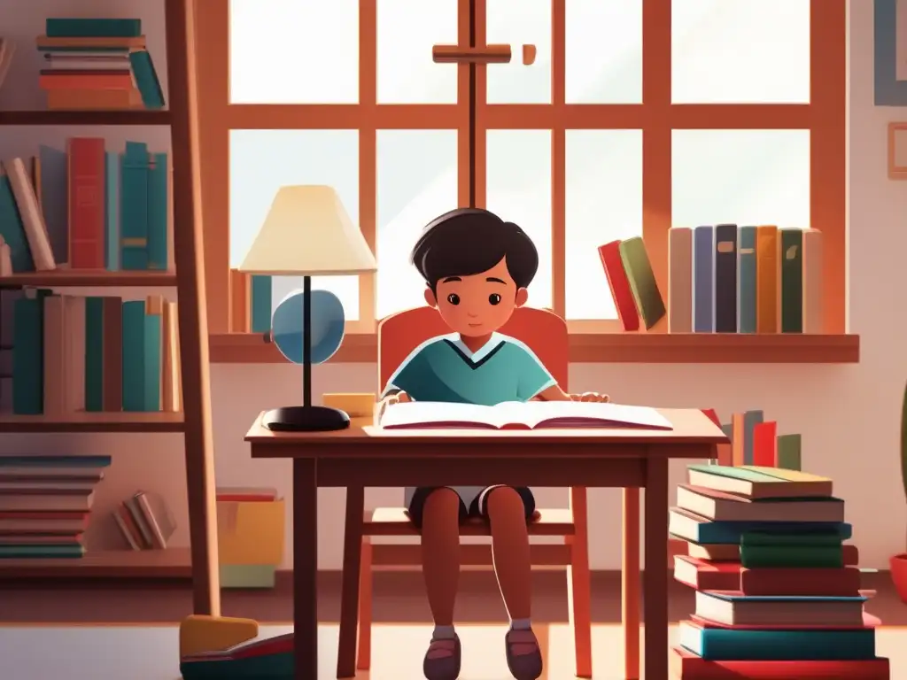 Niño estudiando en ambiente acogedor Niño estudiando en casa con materiales bilingües