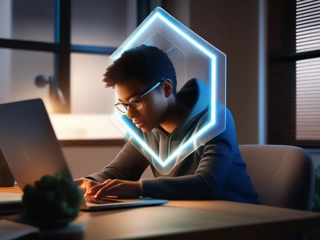 Niño concentrado en aprendizaje online rodeado de escudo digital y ambiente hogareño seguro